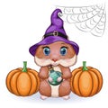 Cute cartoon hamster wearing wizard hat with broom and pumpkins, halloween holiday character