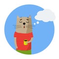 Cute cartoon hand drawn cat with cup of coffee and speechbubble for text