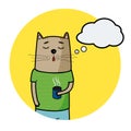 Cute cartoon hand drawn cat with cup of coffee and speechbubble for text