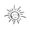 Cute cartoon hand drawn doodle sun. Sweet vector black and white sun drawing. Isolated monochrome drawing on white Royalty Free Stock Photo