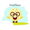 Cute funny smart smiley cookie kid baby character in glasses in cartoon flat style vector.