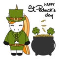 Cute cartoon hand drawn lettering vector happy St Patrick`s Day with unicorn leprechaun, shamrocks and pot of gold