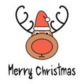 Cute cartoon hand drawn merry christmas vector greeting card with reindeer with santa`s hat Royalty Free Stock Photo