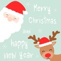 Cute cartoon hand drawn merry christmas and happy new year card with santa claus and reindeer Royalty Free Stock Photo