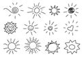 Cute cartoon hand drawn sun drawing. Sweet vector black and white sun drawing. Isolated monochrome doodle sun drawing on white Royalty Free Stock Photo