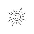 Cute cartoon hand drawn sun drawing. Doodle sun on white background. Royalty Free Stock Photo