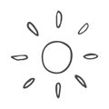 Cute cartoon hand drawn sun drawing. Sweet vector black and white sun drawing. Isolated monochrome doodle sun drawing on Royalty Free Stock Photo