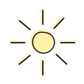 Cute cartoon hand drawn sun drawing. Sweet vector yellow sun drawing. Isolated monochrome doodle sun drawing on white Royalty Free Stock Photo