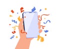 Cute cartoon hand holding mobile smart phone with celebratory confetti flying around. Winner concept. Modern mockup