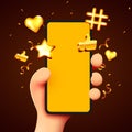 Cute cartoon hand holding mobile smartphone with golden social media icon. Marketing concept
