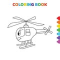 Cute cartoon happy baby helicopter coloring book for kids. black and white vector illustration for coloring book. happy baby