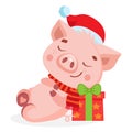 Cute Cartoon Happy Baby Pig In Santa Hat. Santa Pig Sleeping On The Gift Box.