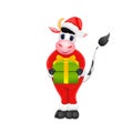 Cute cartoon happy bull, cow in New Year`s costume Royalty Free Stock Photo