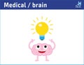 Cute cartoon happy face brain with having an idea.lightbulb, creative idea drawing. inspiration