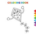 Cute cartoon happy flying kite coloring book for kids. black and white vector illustration for coloring book. happy flying kite Royalty Free Stock Photo
