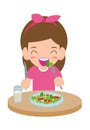 Cute cartoon happy girl eating salad. Healthy vegetable food and children vector illustration. Royalty Free Stock Photo