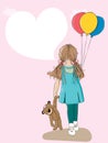 Cute cartoon happy girl holding birthday balloons and Teddy bear, Vector illustration Rear view of toddler girl gesturing with Royalty Free Stock Photo