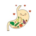Cute cartoon happy healthy stomach with vegetables and fruits concept illustration Royalty Free Stock Photo