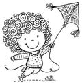 Cute cartoon happy kid playing with flying kite. Outline vector illustration. Coloring book page for children Royalty Free Stock Photo