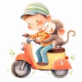 Cute cartoon happy little boy with monkey on scooter. Funny watercolor illustration for children's book. Generative