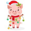 Cute Cartoon Happy Pig In Santa Hat. Little Pig Holding New Year Garland.