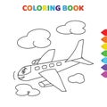 Cute cartoon happy smiling air plane around clouds coloring book for kids. black and white vector illustration for coloring book.