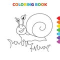 Cute cartoon happy snail on grass coloring book for kids. black and white vector illustration for coloring book. happy snail on Royalty Free Stock Photo