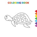 Cute cartoon happy turtle front view coloring book for kids. black and white vector illustration for coloring book. happy turtle