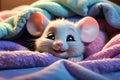 cute cartoon happy white mouse under the blanket