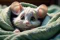 cute cartoon happy white mouse under the blanket