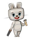 Cute cartoon Hare the carpentry with a saw and a hammer. Flat style. Helps dad. Picture for children. Funny kid animal