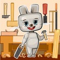 Cute cartoon Hare at workbench in the carpentry workshop with a saw and a hammer. Flat style. Helps dad. Picture for