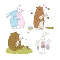 Cute cartoon hares and a bear. Easter bunnies. Funny animals - Vector