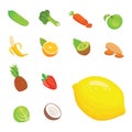 Cute cartoon Healthy food icons. Set of vegetarian foods