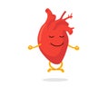 Cute cartoon healthy human heart character relaxation meditate. Funny circulatory cardiology organ mascot meditation in Royalty Free Stock Photo