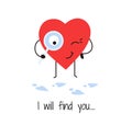 Cute cartoon heart character. Creative funny Valentines Day design concept. Red smiling heart with magnifying glass