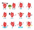 Cute cartoon heart organ vector illustration, Happy hearty character in healthy sport activity, yoga exercise icons