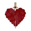 Cute cartoon vector heart rose with sword