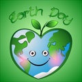 Cute cartoon hearts earth with leafs on green background. Royalty Free Stock Photo