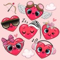 Cute Cartoon Hearts with eyes on the pink background