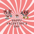 Cute cartoon hearts on retro style background. Cute love symbols with faces in different poses, arms and legs, funny Royalty Free Stock Photo