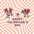 Cute cartoon hearts on retro style background. Cute love symbols with faces in different poses, arms and legs, funny Royalty Free Stock Photo