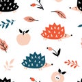 Cute cartoon hedgehog, apples and leaves