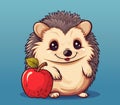 Cute cartoon hedgehog with a big red apple standing on his hind legs