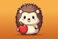 Cute cartoon hedgehog with a big red apple standing on his hind legs