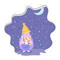 Cute cartoon hedgehog in a hat and scarf, night, winter, moon, stars, snow. vector isolated on a white background