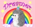 A cute cartoon hedgehog with a unicorn horn on a rainbow. Concept everyone can be a unicorn