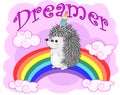 A cute cartoon hedgehog with a unicorn horn on a rainbow. Concept everyone can be unicorn