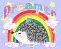 A cute cartoon hedgehog with a unicorn horn on a rainbow. Concept everyone can be unicorn