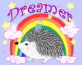 A cute cartoon hedgehog with a unicorn horn on a rainbow. Concept everyone can be unicorn